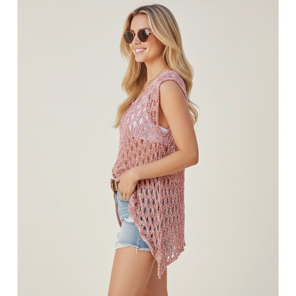 NWT BCBG Max Azria Multicolored Crochet Knit Cover Up Top | Boho Festival Indie - Picture 6 of 15